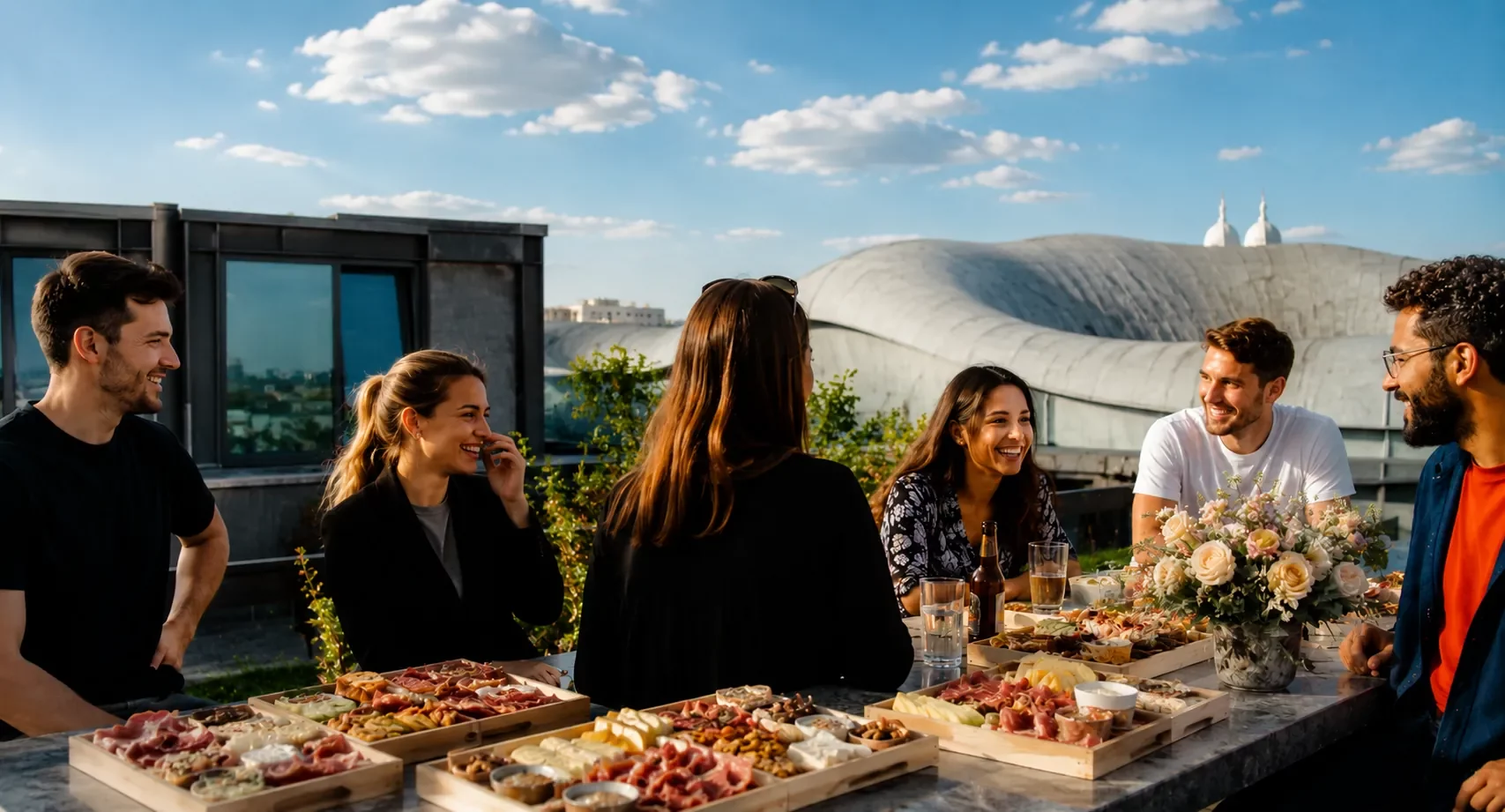 Groupe de collègues autour d'un buffet traiteur sur un rooftop parisien avec le Sacré-Cœur en fond — CAGETTES